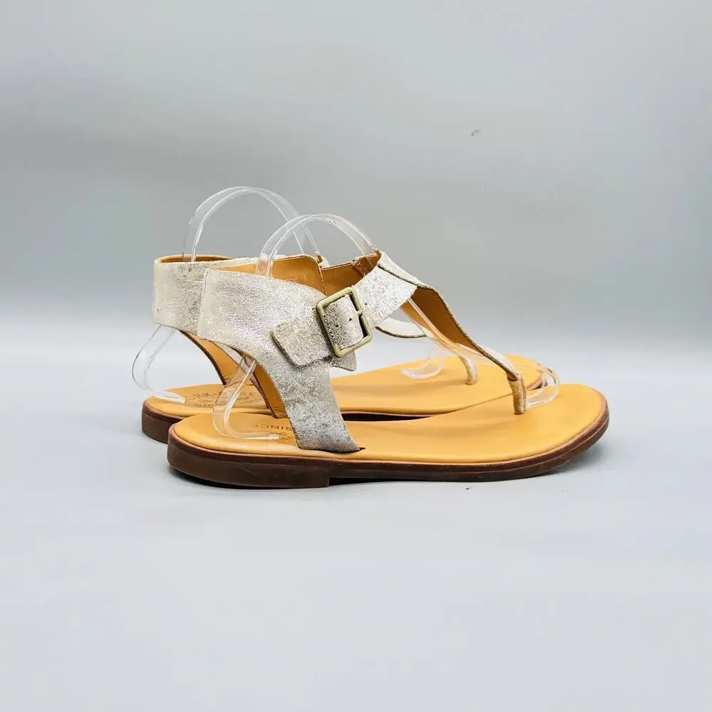 Kork Ease Sandals Womens 10 Silver Leather Thong Strappy Buckle Flat Shoes
